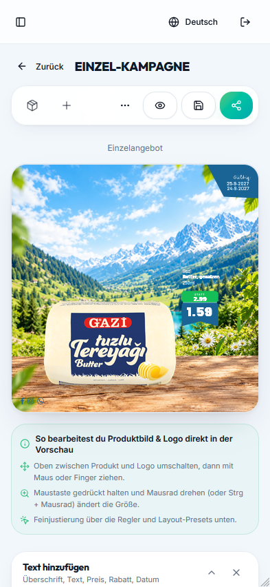 PromoFresh Editor auf dem Smartphone